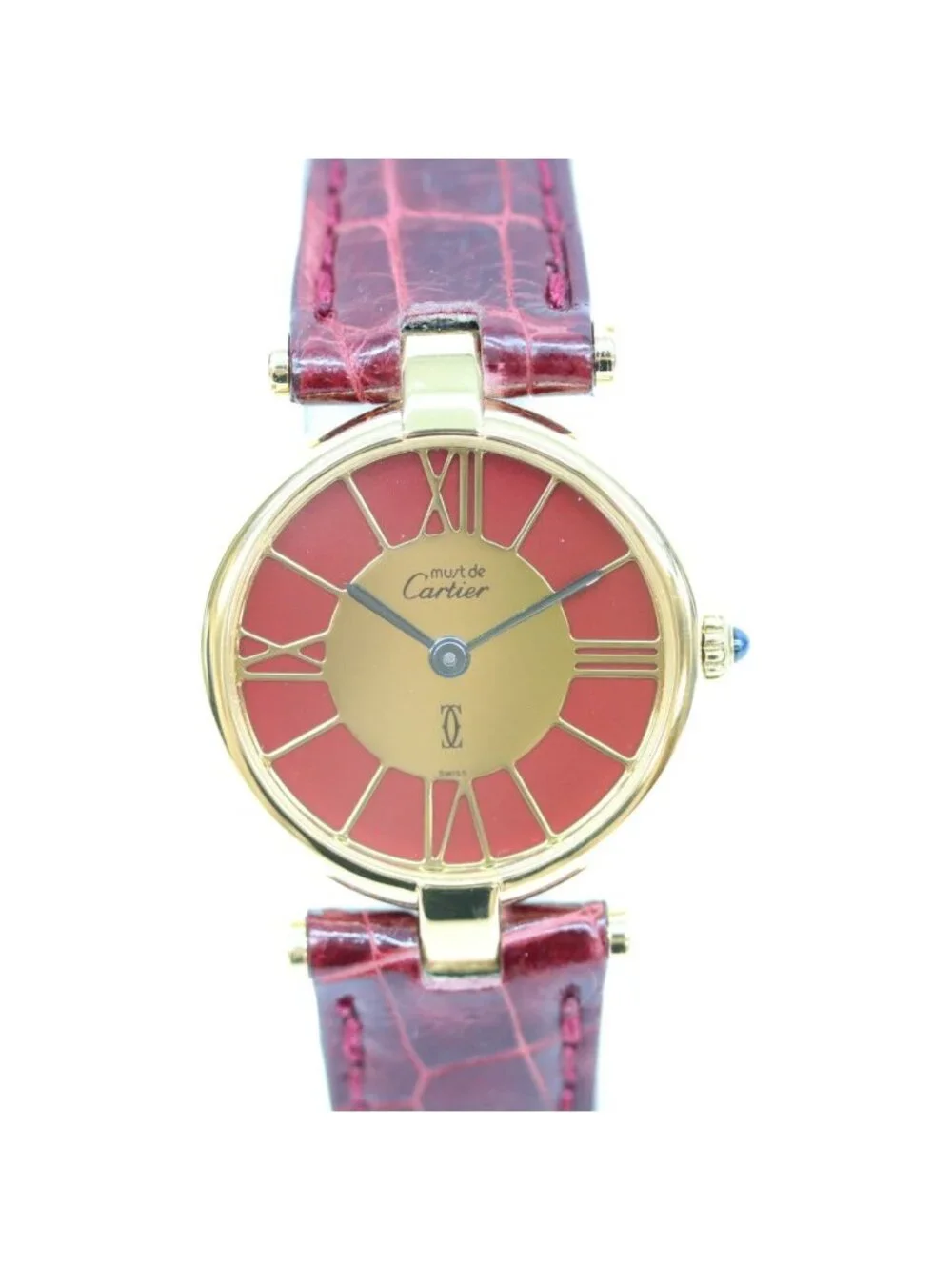Cartier Must Vendome Vermeil SM Bordeaux Gold Roman Dial Red Leather